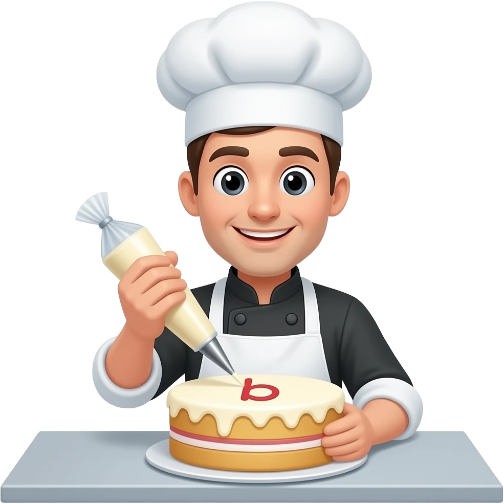 Cartoon bakers man making a cake marking with a letter b emoji