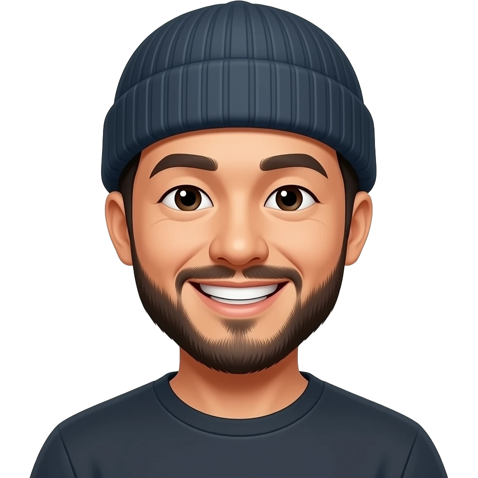 An emoji of myself tall Asian male with a beard and a beanie hat. With a big smile emoji