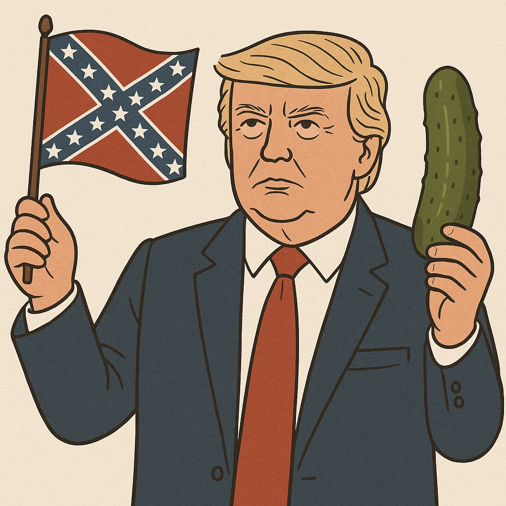 Donald Trump holding a confederate flag and a pickle, neutral illustrative style emoji