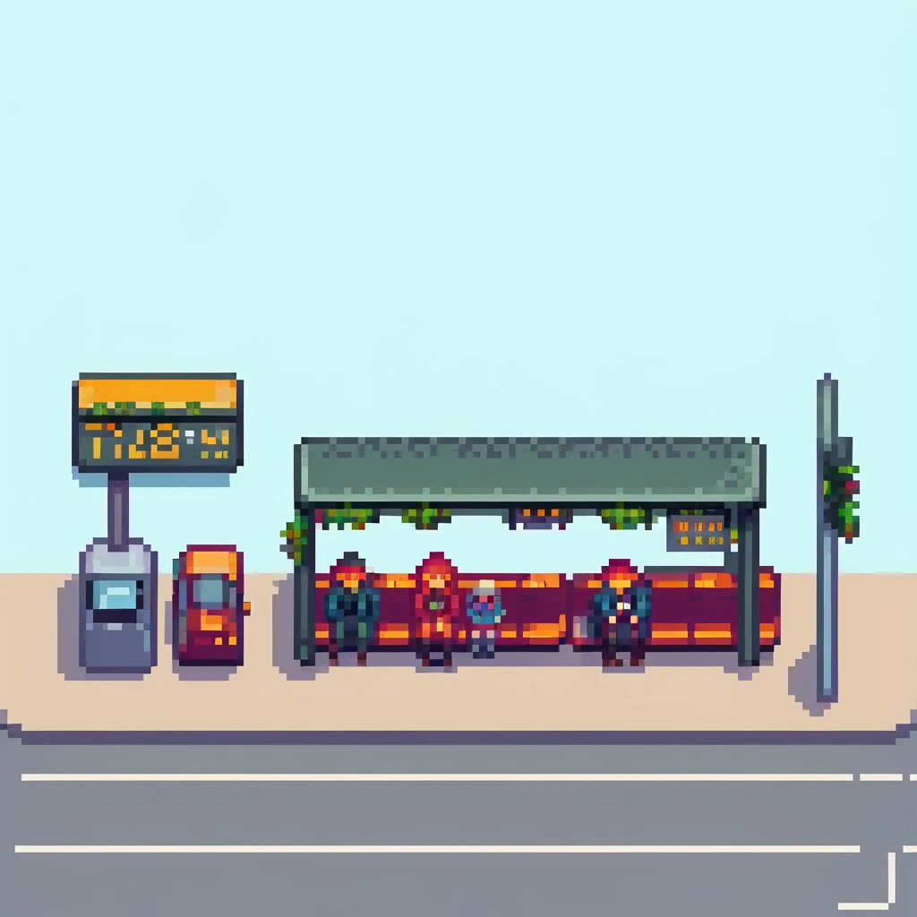 pixel art city bus stop with passengers waiting, bus arriving emoji