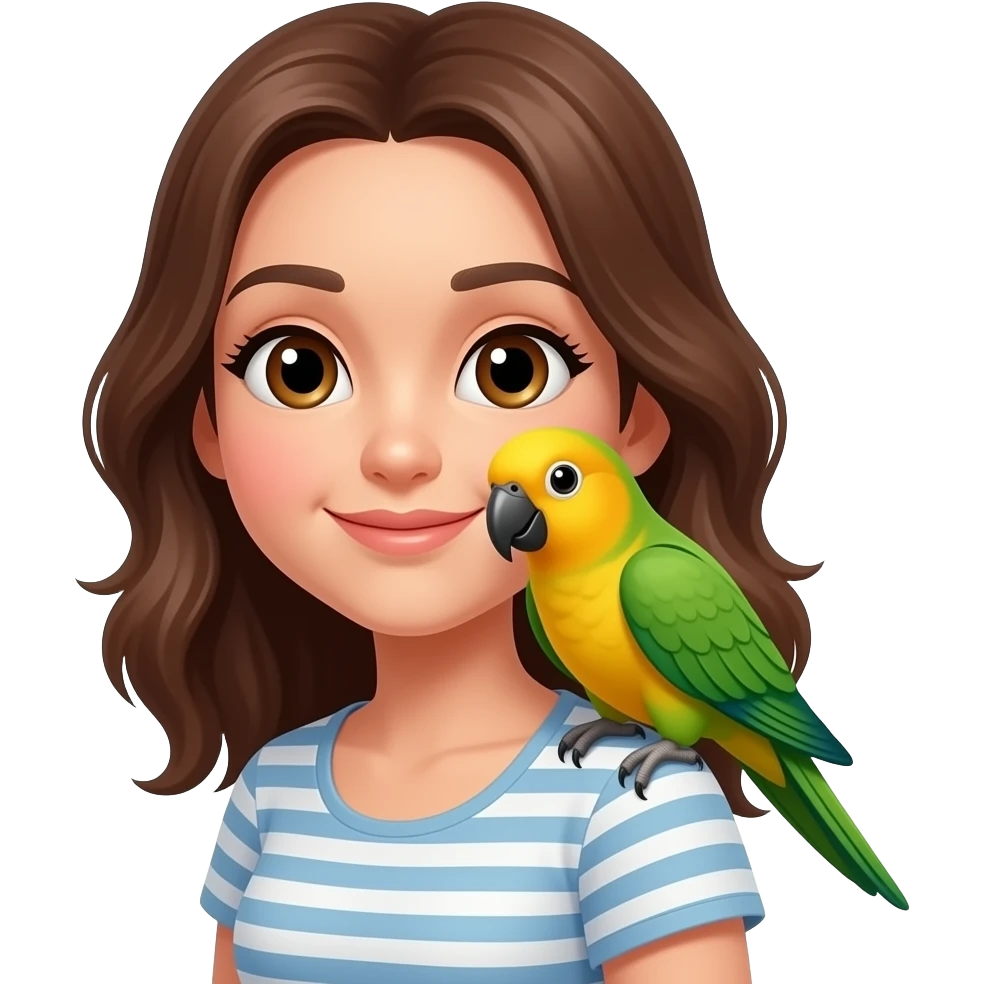 Sun conure parrot but with green wings  on a brunettes shoulder emoji