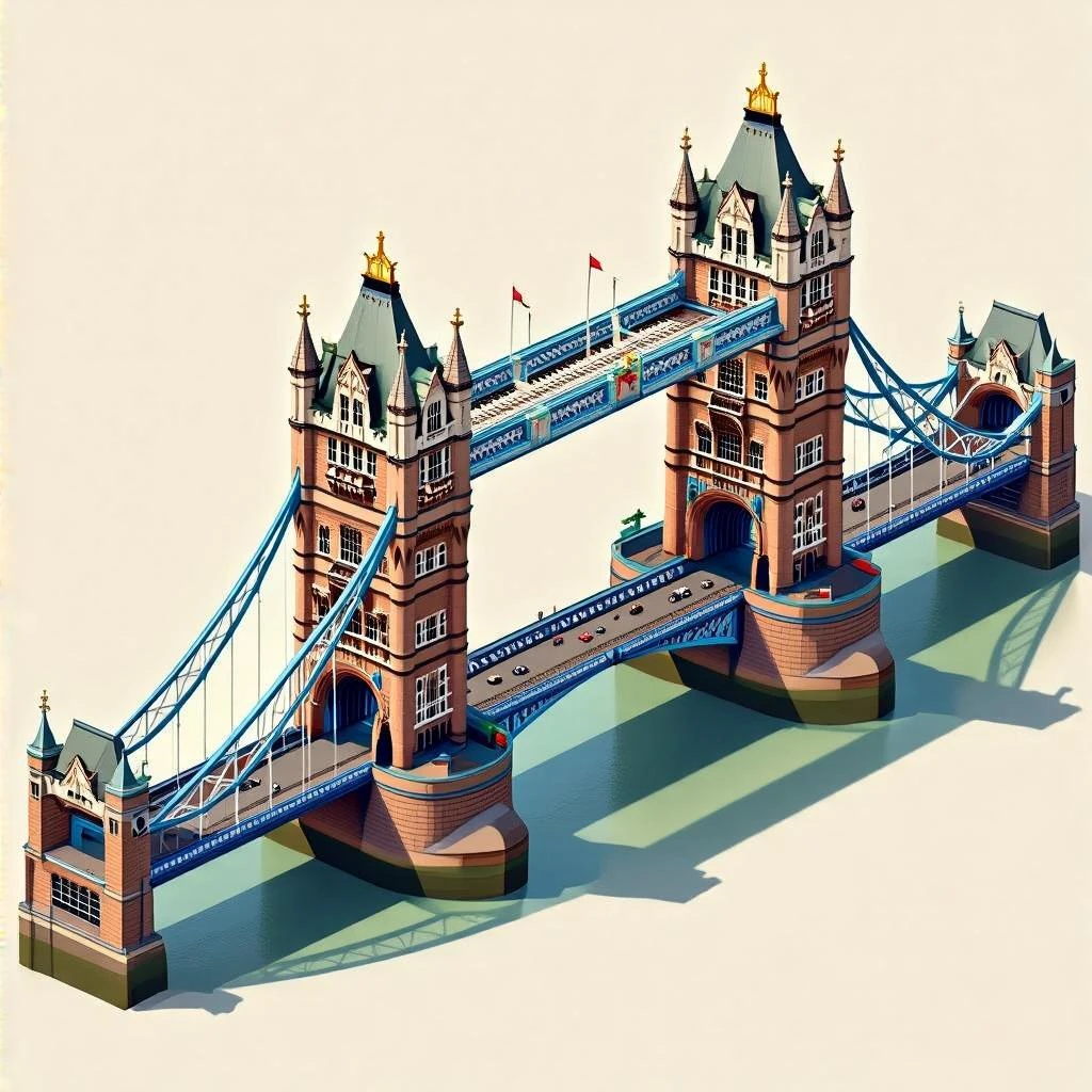Isometric illustration of photorealistic Tower Bridge in London, detailed towers and suspension sections, subtle brick and metal textures, miniature style with soft shadows, transparent background. emoji