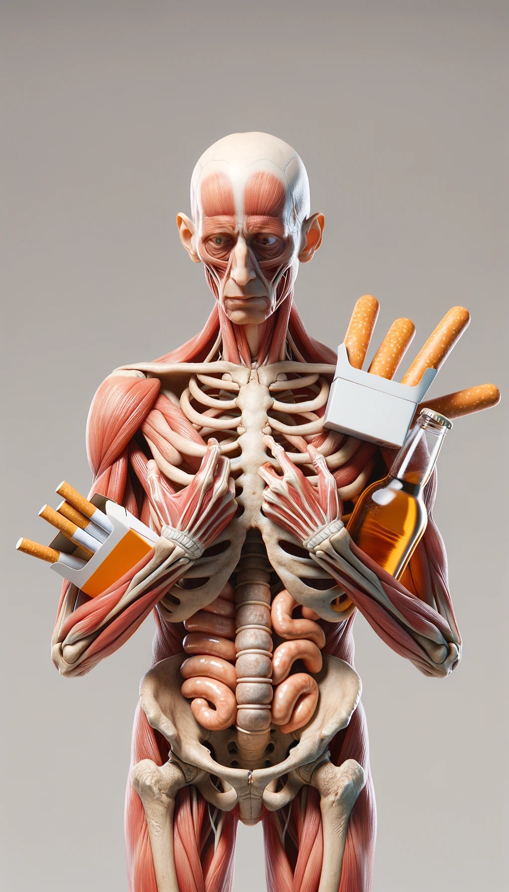 CORPO UMANO ANATOMICO CHE TRA LE BRACCIA SIGARETTE, ALCOL E WURSTEL CONFEZIONATI, LI GUARDA CON ESPRESSIONE INDECISA IN VOLTO, NEUTRAL CLEAR BACKGROUND, iperrealistico 4k emoji