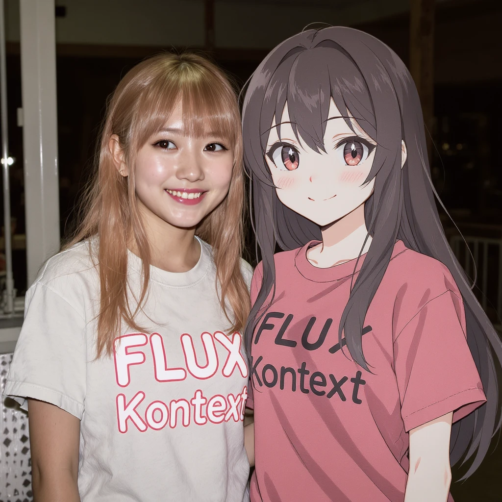 make a image of a girl with a anime version of that girl beside her wearing tshirt with text of FLUX Kontext emoji
