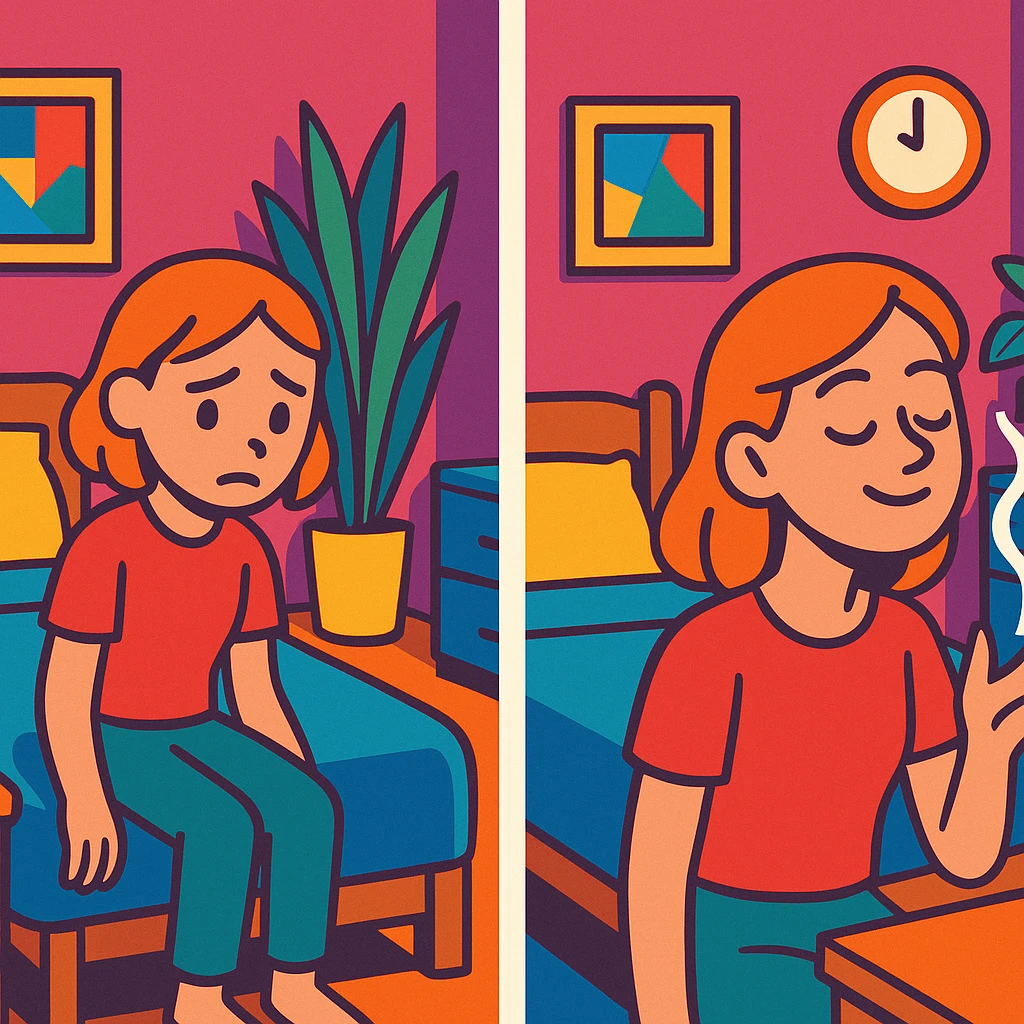 a girl in a bedroom, looking sad, then smelling a scent like from a candle or diffuser, her mood changing to relaxed, vibrant toon style emoji