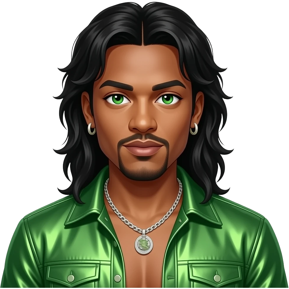 Sam Watters from Color Me Badd with green eyes, long black 90s hair, green metallic new jack swing outfit, necklace and earrings emoji