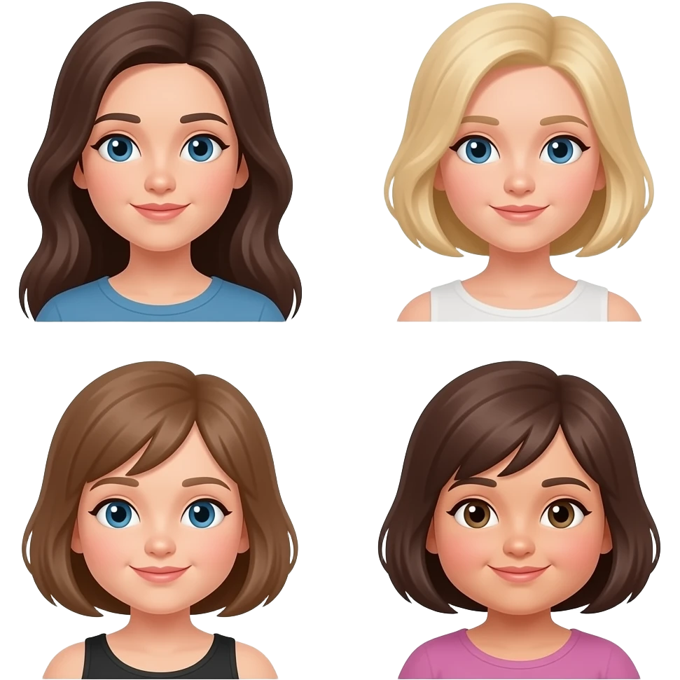 Create emoji of 5 friends: a brunette who is pregnant, a blonde tall thin, a blonde short thin, a dirty blonde short thin, a brunette short and a little chubby emoji