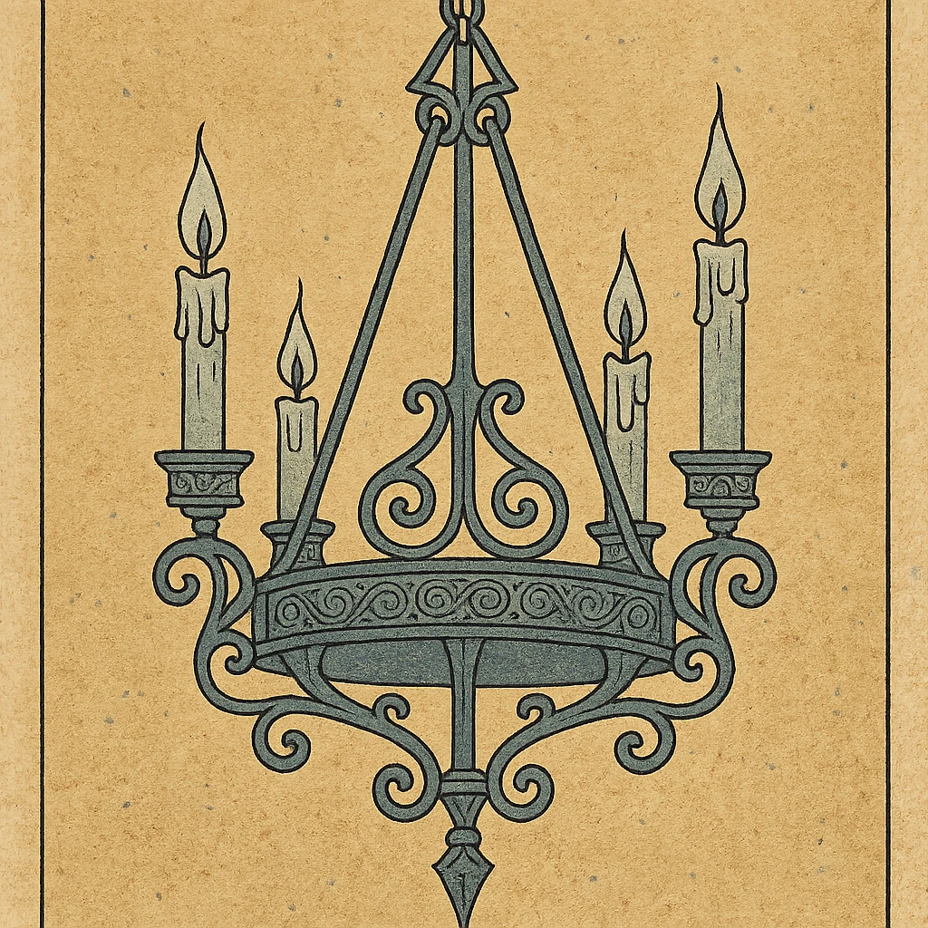 gothic chandelier with candles, wrought iron, dramatic shadows, medieval art style emoji