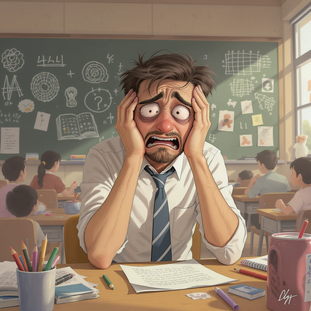 digital cartoon art of a exhausted teacher in a bustling classroom emoji