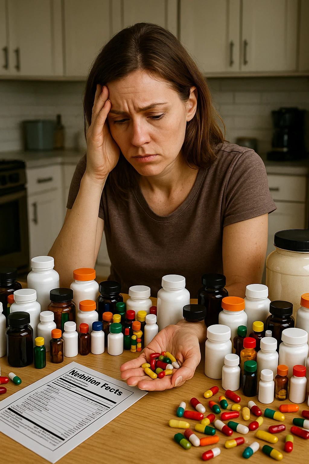 a woman in her 30s sits at her kitchen table, surrounded by dozens of supplement bottles, powders, and pills. She looks anxious and fatigued, with her head resting in one hand while the other holds a handful of colorful capsules. On the table, a nutrition chart is ignored, and her skin appears slightly dull or stressed. The mood is cautionary and educational. in italiano emoji