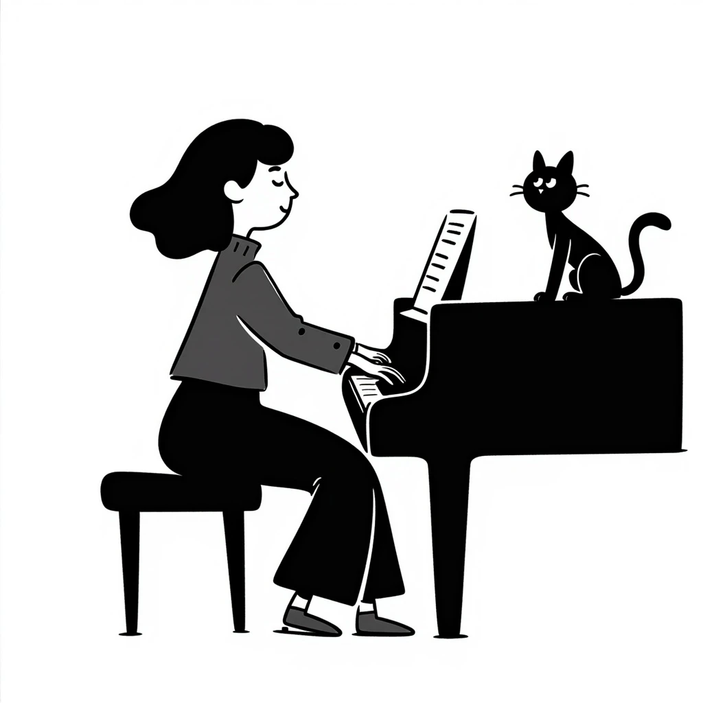 woman playing piano while her cat sits on top of the piano emoji