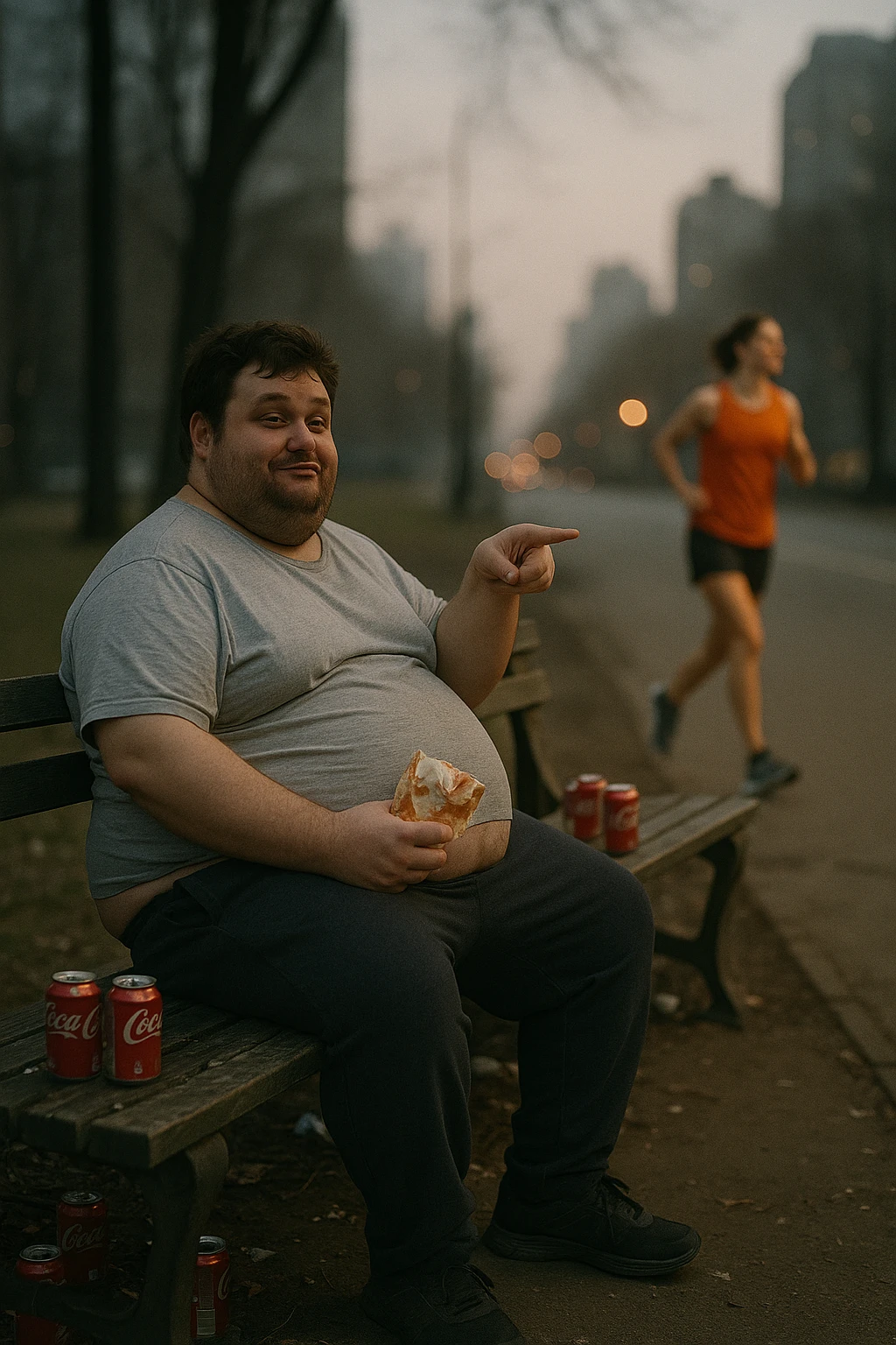 A cinematic urban scene showing an overweight man in his late 30s sitting on a park bench, with a fast food wrapper in one hand and a smirk on his face. He points mockingly toward a fit, athletic person jogging nearby. The man is wearing casual clothes that barely fit — a stretched-out T-shirt and sweatpants — and his posture is slouched. His expression is sarcastic, laughing, but there’s a subtle shadow of insecurity in his eyes. The contrast is clear: the jogger is framed in soft morning light, moving with energy and purpose, while the man on the bench is surrounded by clutter, soda cans, and dim, flat lighting. Shot in 35mm cinematic style, shallow depth of field, with muted tones around the man and vibrant light around the jogger — emphasizing the disconnect between appearance and attitude. emoji