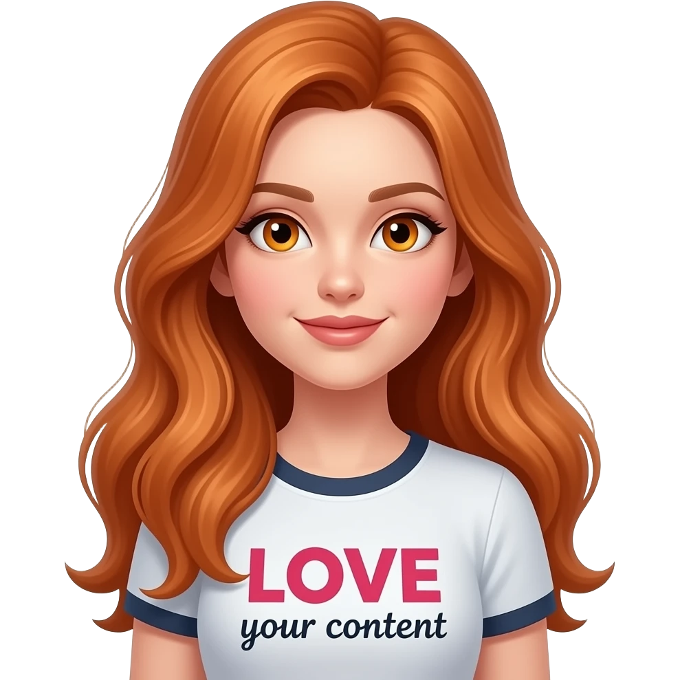 sexy girl with overlong ginger hair and ginger eyes a top with LOVE your content written on it emoji