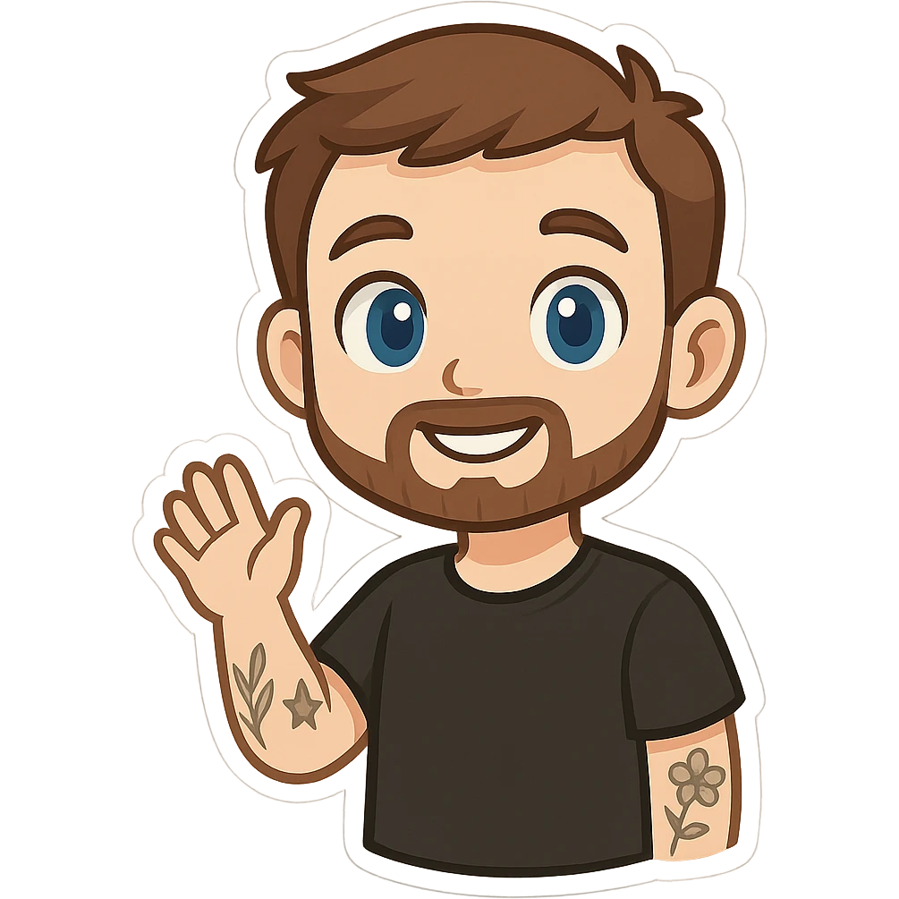 cute chibi cartoon-style male character, front-facing, short brown hair, neatly trimmed short beard, large blue eyes, smiling, waving with right hand, visible tattoos leaf star flower on left arm, wearing simple black t-shirt, smooth shading, clean lines emoji