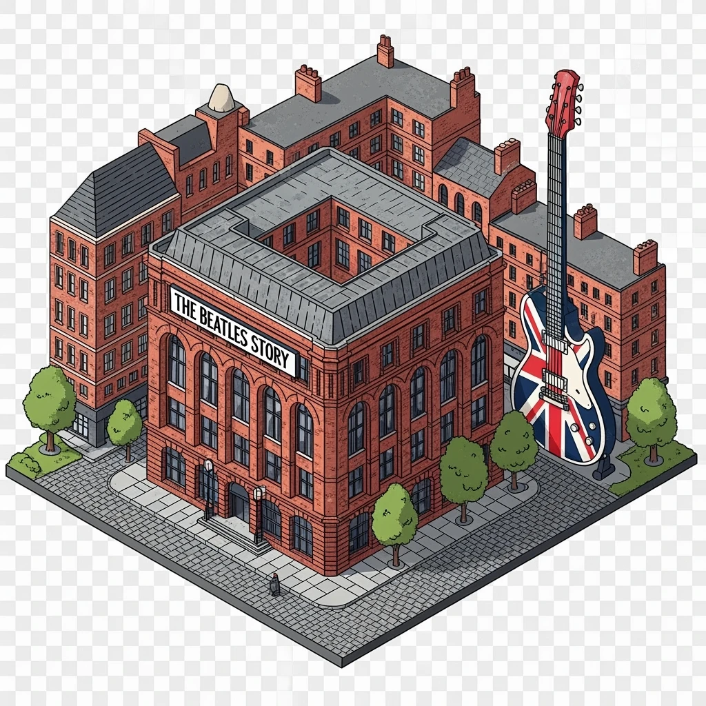 Isometric illustration of Liverpool featuring The Beatles Story museum, a Union Jack guitar and brick building in a miniature, slightly hand-drawn style, balanced between stylized and realistic, no cartoonish look, transparent background. emoji