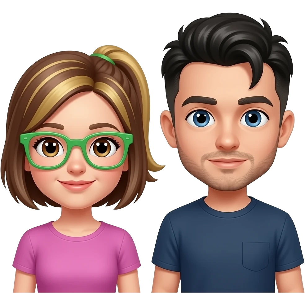 Chica con pelo corto marron con mechas rubias sin moña con gafas de pasta verde y al lado chico con pelo negro corto con media moña a un lado casi calvo poca densidad de pelo y baba corta con bigote corto pero que se note que tiene pelo los dos con ojos oscuros emoji