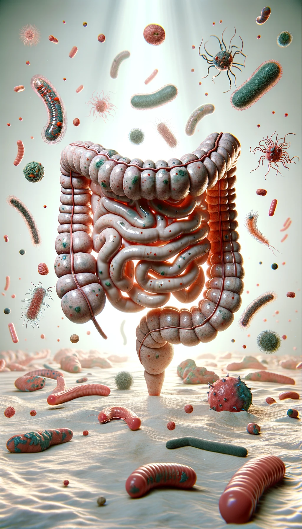 intestino umano realistico con batteri e parassiti che gli fluttuano intorno, sfondo chiaro, iperrealistico 4k emoji