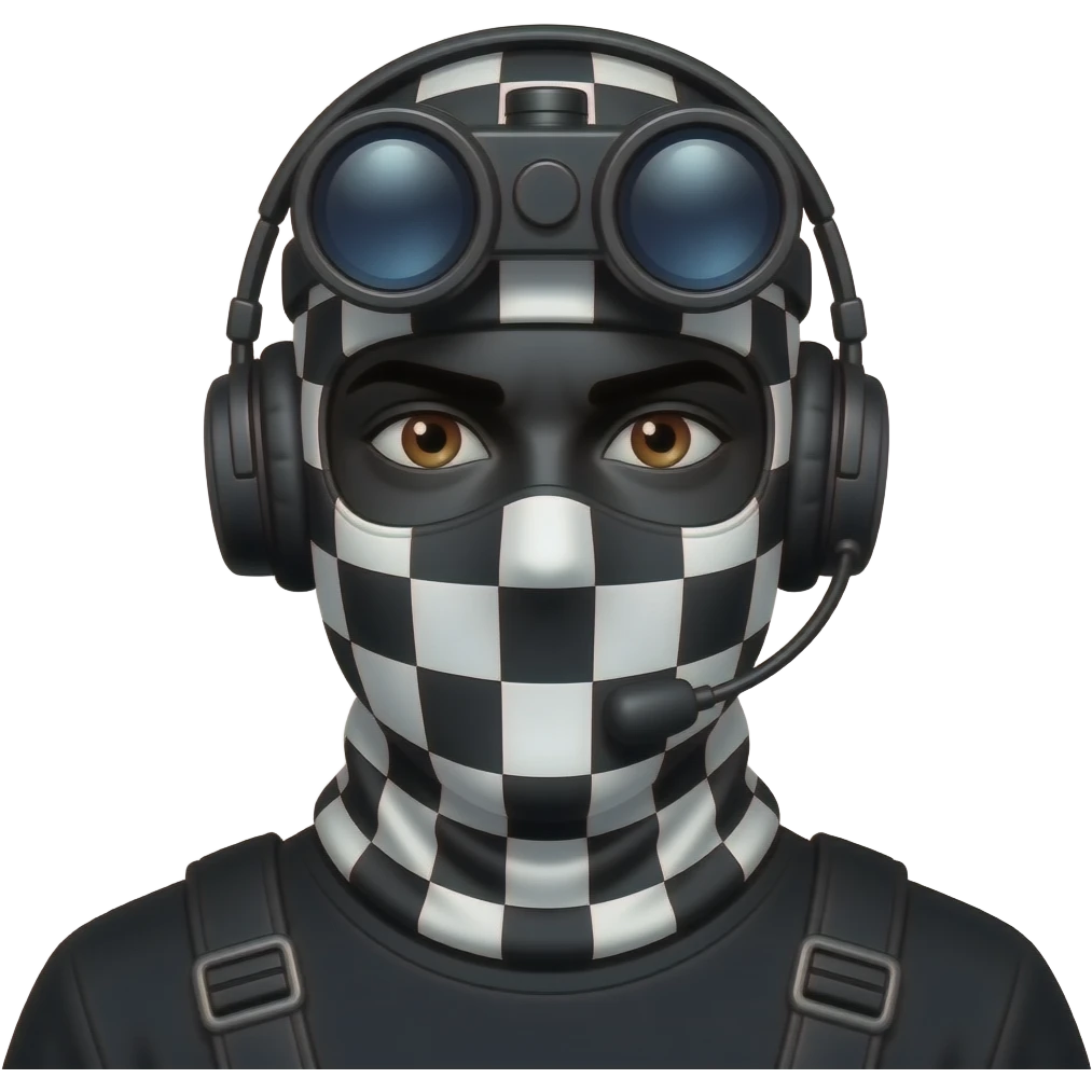 man with brown eyes wearing black clothes, face total painted black and a black and white patterned balaclava and wears a headset and a big black night vision device on his headtop emoji