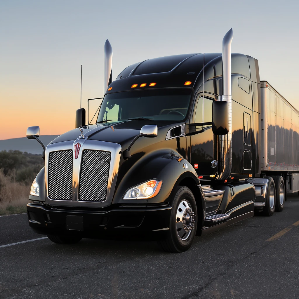 detailed, realistic 2026 Kenworth T680 Flat Top semi sleeper in black, featuring prominent chrome exhaust stacks, three-quarter front angle, no background emoji