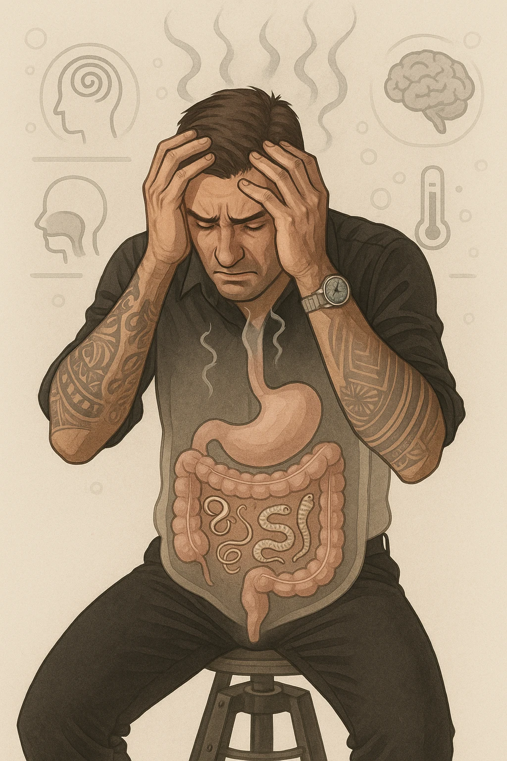a person sits with a troubled expression, holding their head in their hands. A transparent overlay on their body reveals stylized images of parasites in the digestive tract, while faint, shadowy tendrils extend upward toward the brain, symbolizing the psychological impact. The background is clinical and educational, with subtle icons representing both physical and mental symptoms. emoji