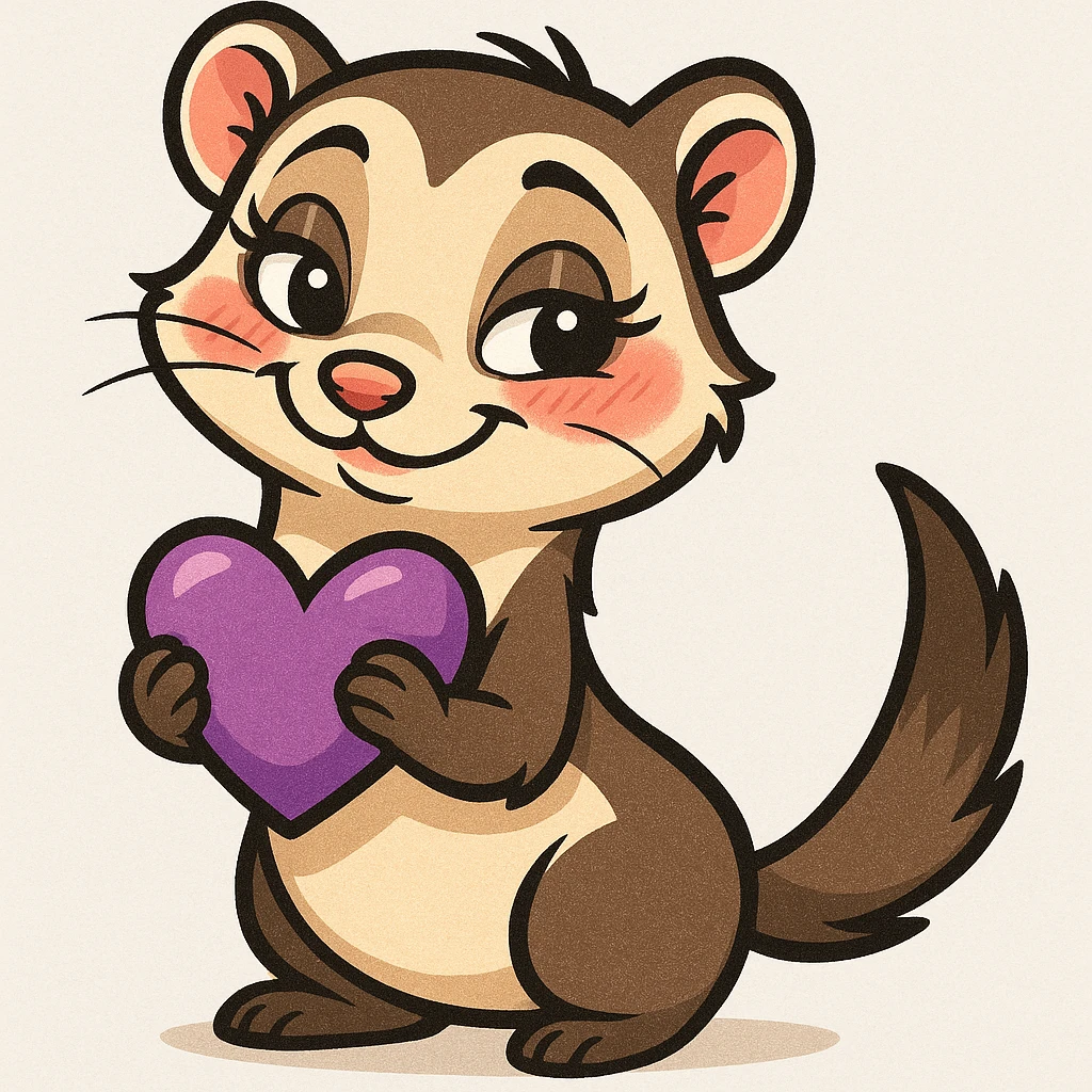 flirtatious ferret with a purple heart, cartoon style, big eyes, blushing cheeks emoji