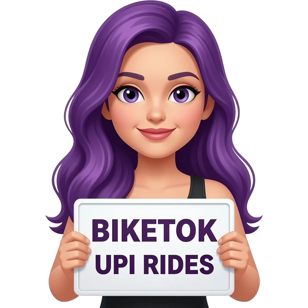 sexy girl with long purple hair holding a BIKETOK UPI RIDES sign emoji