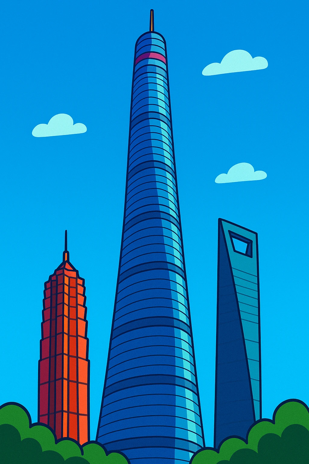 Shanghai Tower, modern illustration style, vibrant colors, iconic skyscraper, clear sky emoji