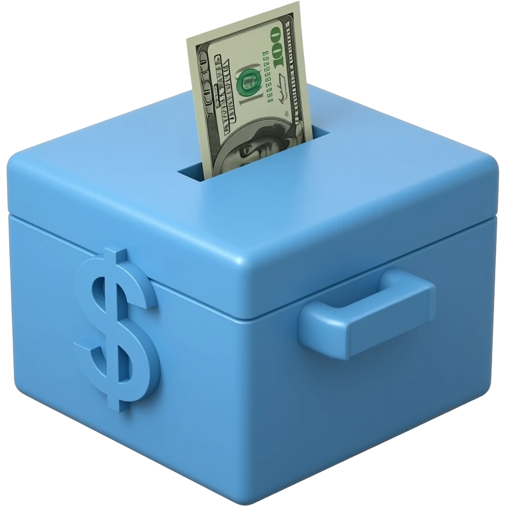 A basic blue looking money box with Cash notes sticking out of a slit at the top emoji