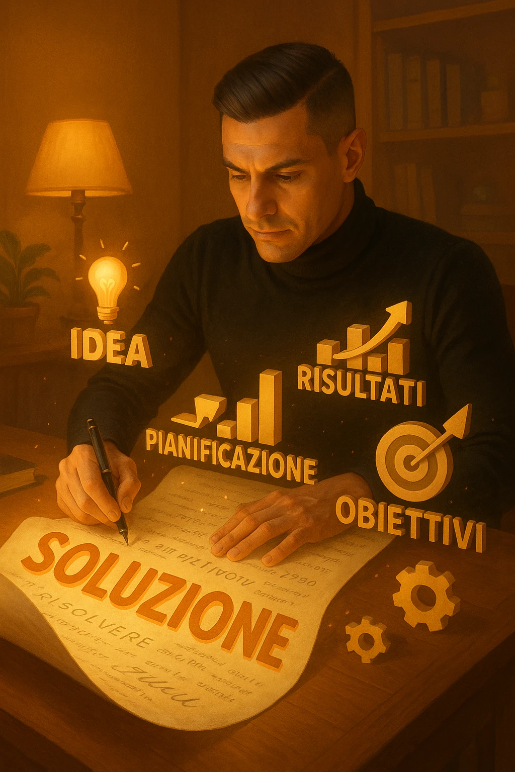 Un uomo concentrato, seduto alla sua scrivania in una stanza con luce calda, sta scrivendo su un enorme foglio di carta che si espande magicamente davanti a lui. Mentre scrive, le parole si trasformano in elementi visivi tridimensionali che rappresentano le soluzioni ai suoi problemi in italiano emoji