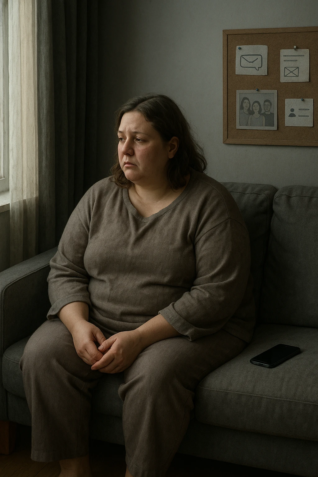 Donna tra i 30 e i 40 anni seduta sola su un divano, con espressione malinconica e corpo visibilmente appesantito. Indossa abiti larghi, avvolgenti, e guarda fuori dalla finestra mentre il telefono è spento o con notifiche ignorate accanto a lei. Sullo sfondo, si notano segnali di vita sociale assente: messaggi non letti, inviti ignorati, foto di gruppo a cui non partecipa. L’atmosfera è silenziosa, con luce grigia e ambiente spento. Intorno a lei, simboli di ritiro e insicurezza: tende chiuse, specchio coperto, postura chiusa. Stile realistico, tono delicato ed emotivo emoji