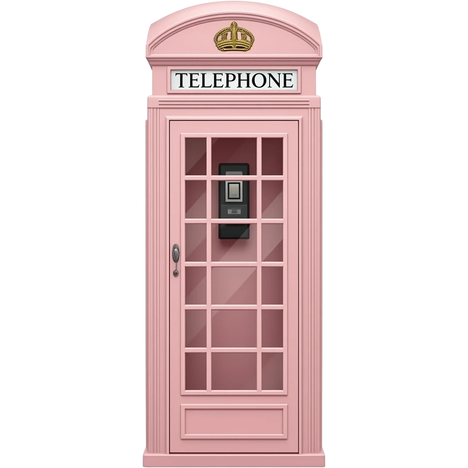 Elegant couture version of a London telephone box, isolated, centered, no background, blush pink lacquer, gold details, polished feminine luxury aesthetic emoji