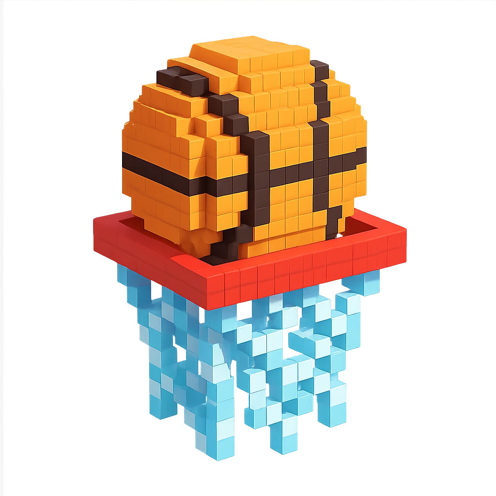 Voxel-style basketball in a net, variation 6 emoji
