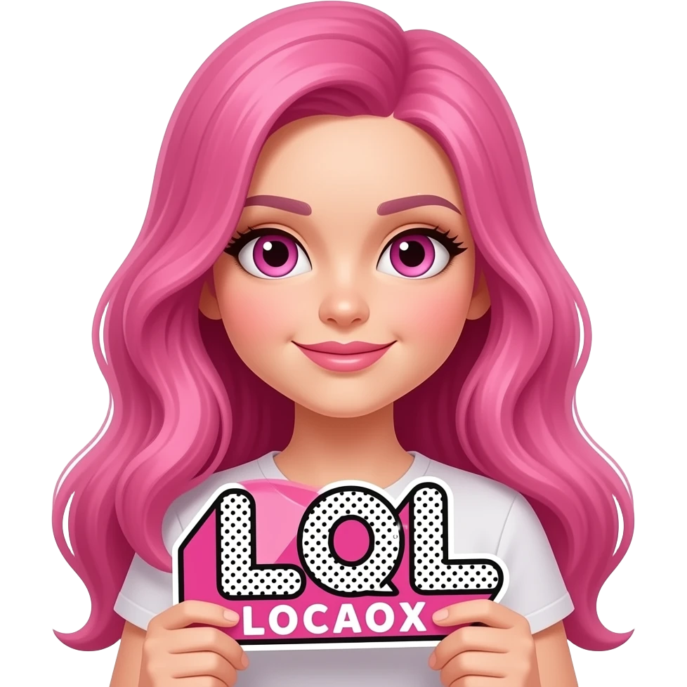sexy girl with long pink hair and pink eyes holding LOL sign emoji