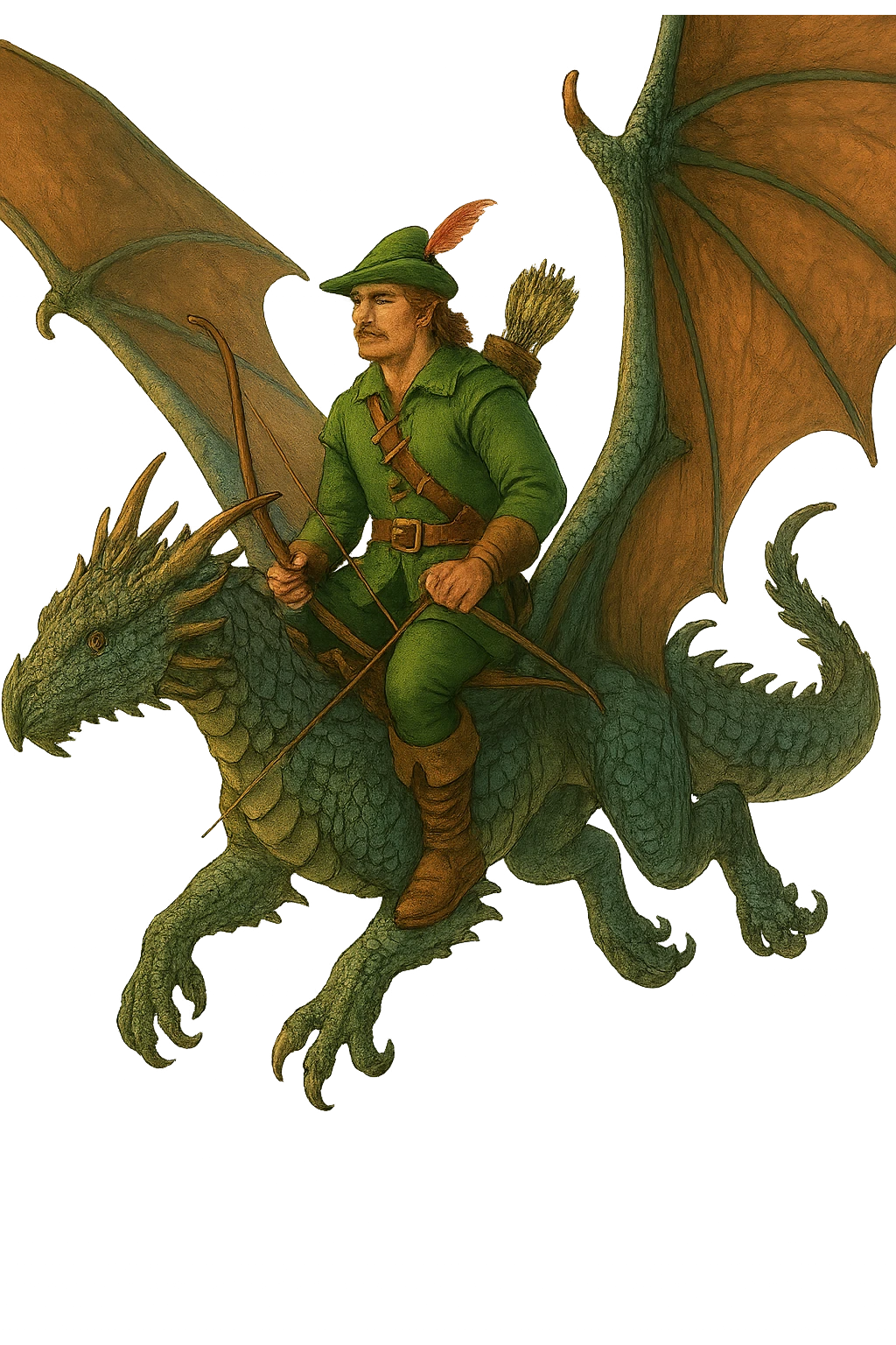 Remove the background, keep Robin Hood riding a dragon with transparent background in a style suitable for editing. emoji
