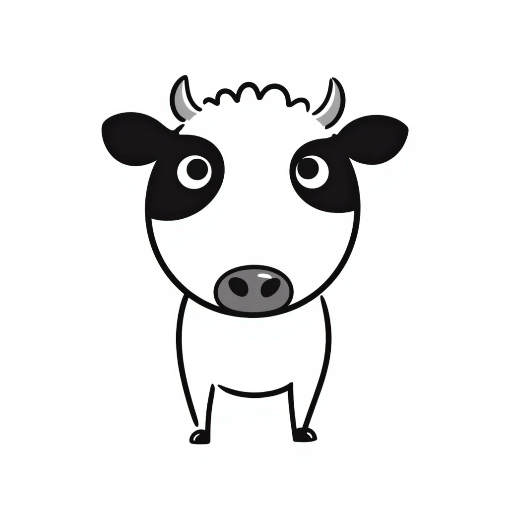 Aberdeen Angus cow, front view, outlined doodle, black and white, simple lines emoji