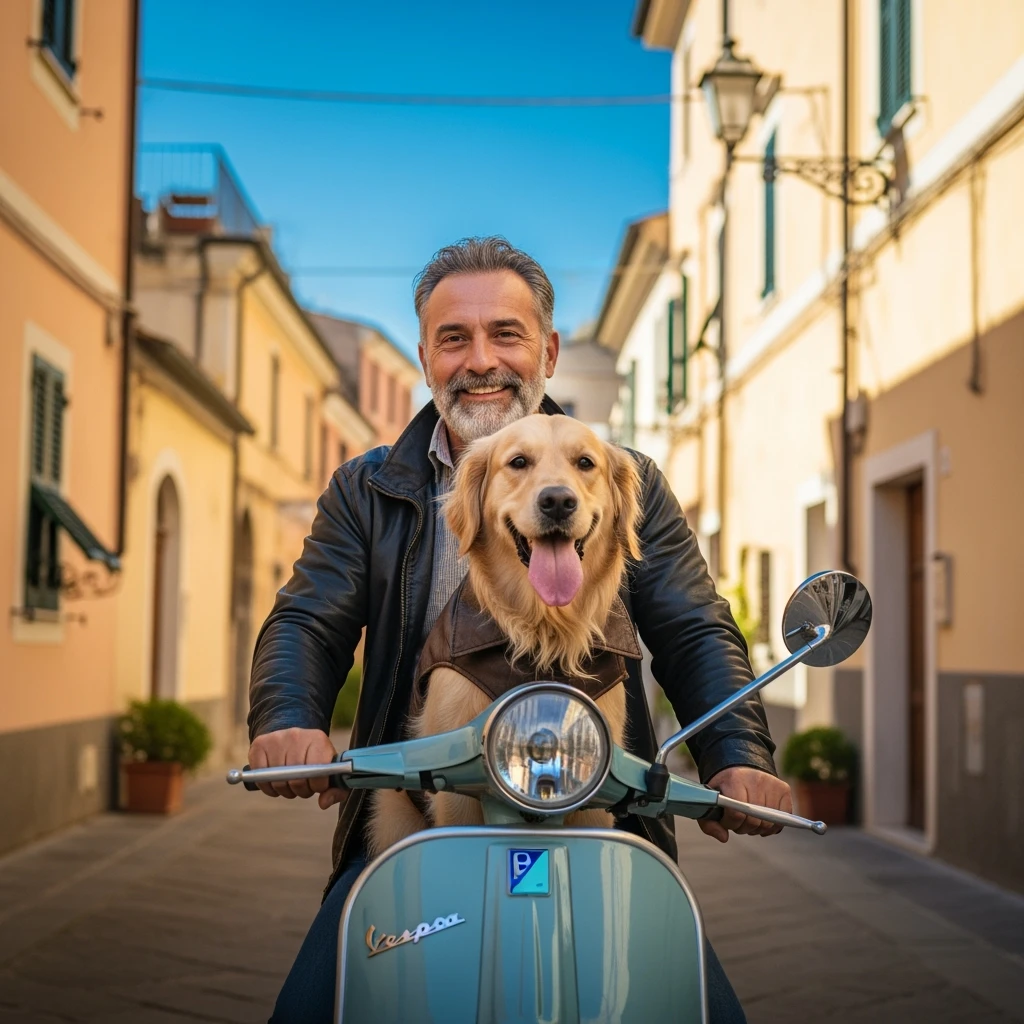 man and his pet dog riding a vespa emoji