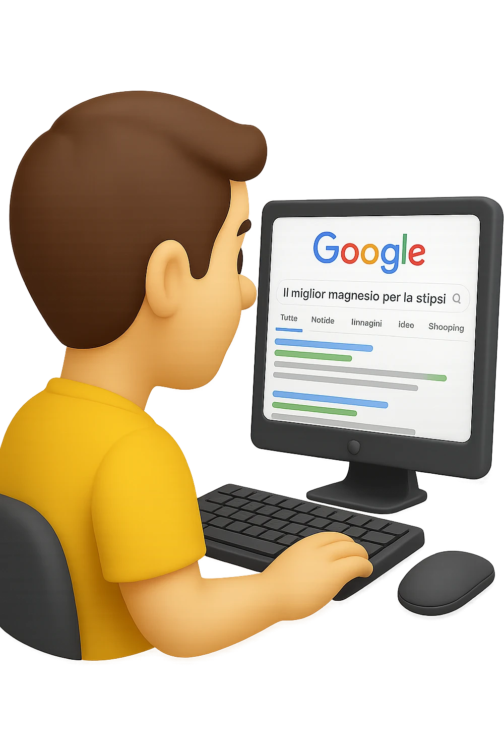 emoji stile iphone di un uomo davanti al pc che cerca di google: "Il miglior magnesio per la stipsi", iperrealistico 4k emoji