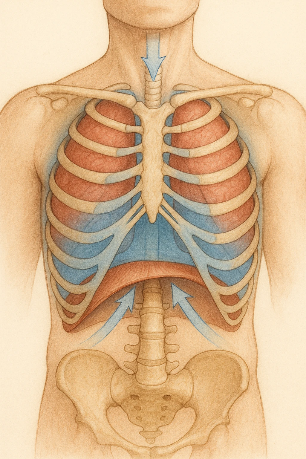 A realistic, high-quality anatomical illustration showing a human torso with visible rib cage and diaphragm. The ribs are shown in a decompressed, expanded state, allowing full lung expansion, while the diaphragm is depicted as relaxed and lowered, indicating deep, efficient breathing. Soft blue and warm tones highlight airflow and lung capacity, with light arrows illustrating the air movement during diaphragmatic breathing. The image conveys a sense of calm, openness, and optimal breathing mechanics, useful for physiotherapy, breathing education, and osteopathic learning contexts emoji