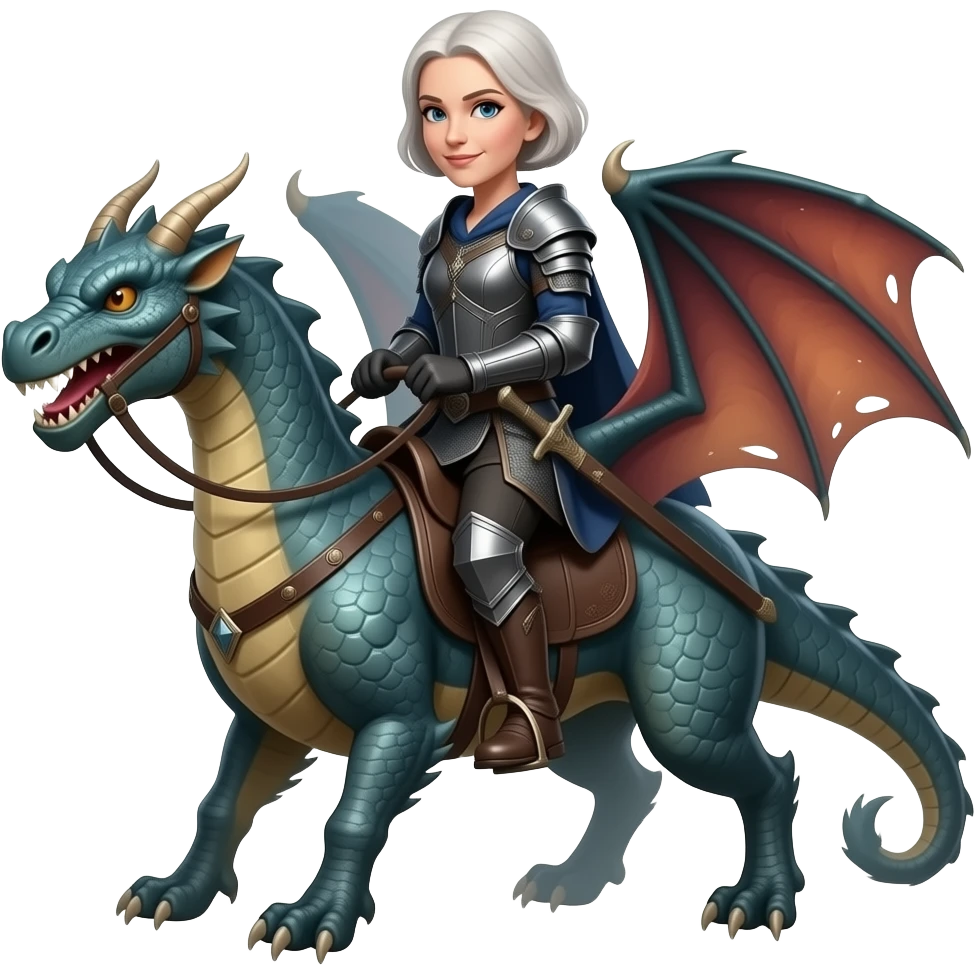 older Targerian woman warrior with short hair riding dragon emoji
