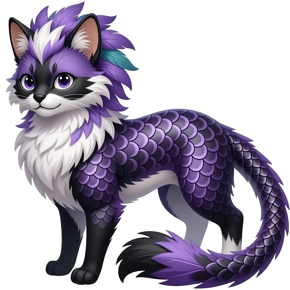 Argyle-patterned Slim stylish feather-maned elegant realistic Asian Furry, feathery fluffy tropical flecked painted feathery scaly, Purple, white, black, Minccino-Bambino-Lykoi-Linoone-Zangoose-fusion-hybrid-animal-Fakémon-creature, full body, thin long sleek scaly tail, intricate markings emoji