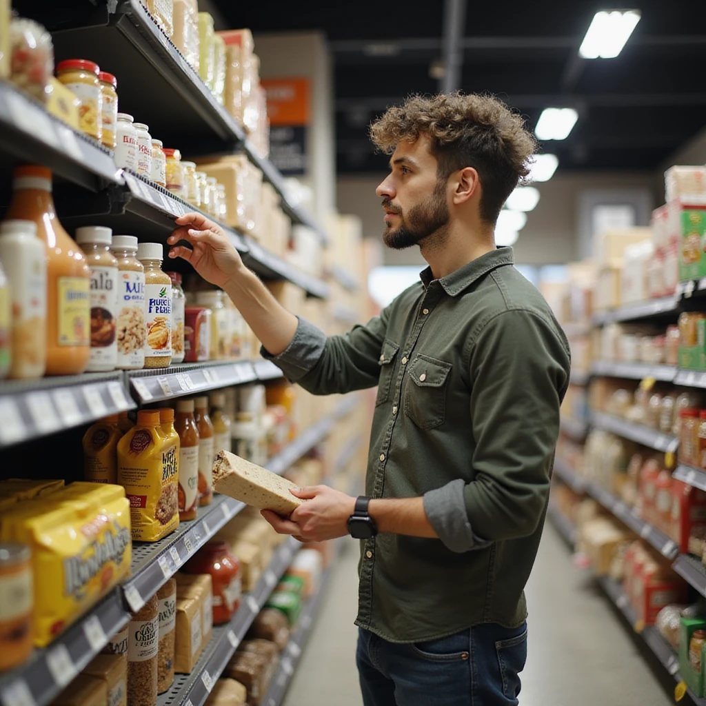 realistic 28-year-old man grocery shopping choosing only gluten-free products, checking labels, supermarket emoji