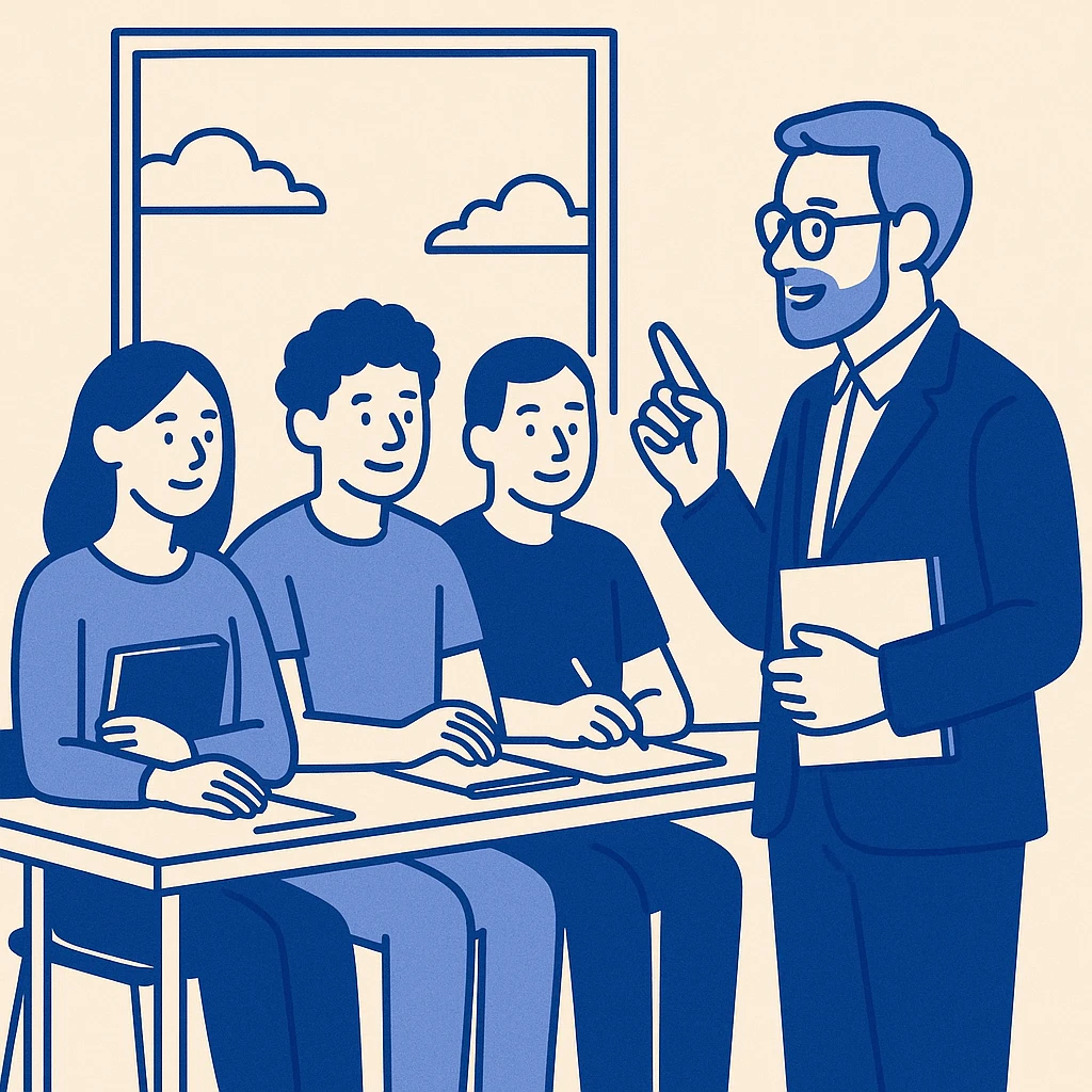 four young adult students listening to a professor, studious atmosphere, flat design style, bright classroom background, visible diversity emoji