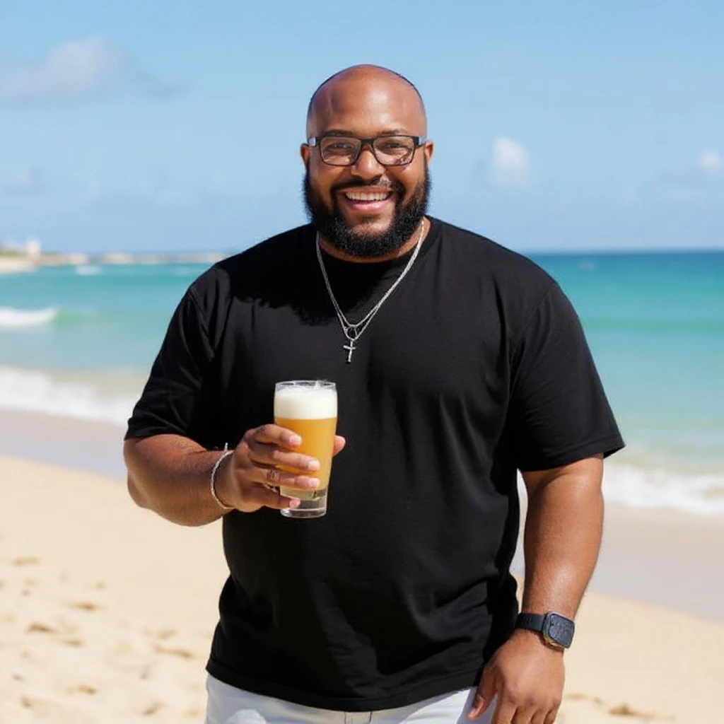 take this picture of a man and make it  beach photo with drink emoji