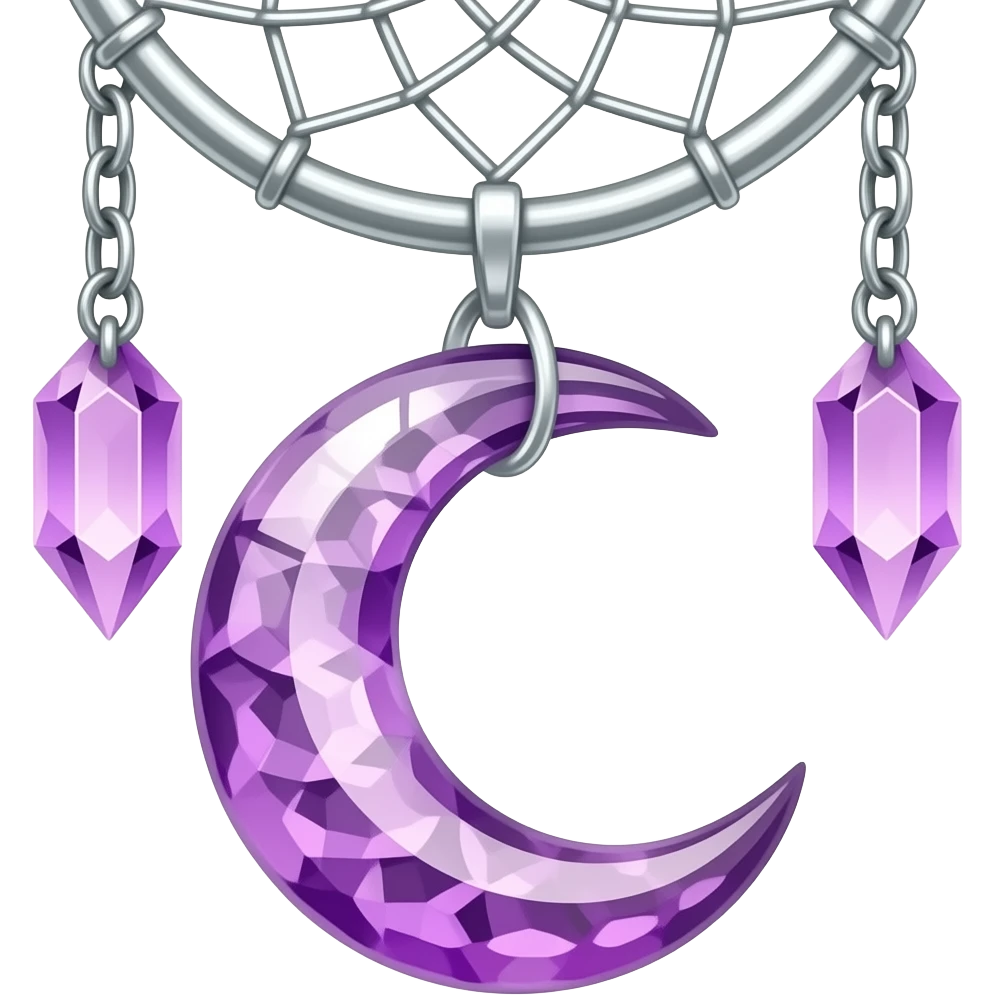 Aesthetic shiny sparkly violet crescent hanging from silver chain dreamcatcher-suncatcher hanging lilac crystals decoration emoji