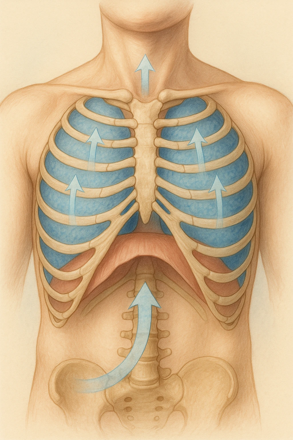 A realistic, high-quality anatomical illustration showing a human torso with visible rib cage and diaphragm. The ribs are shown in a decompressed, expanded state, allowing full lung expansion, while the diaphragm is depicted as relaxed and lowered, indicating deep, efficient breathing. Soft blue and warm tones highlight airflow and lung capacity, with light arrows illustrating the air movement during diaphragmatic breathing. The image conveys a sense of calm, openness, and optimal breathing mechanics, useful for physiotherapy, breathing education, and osteopathic learning contexts realistica emoji
