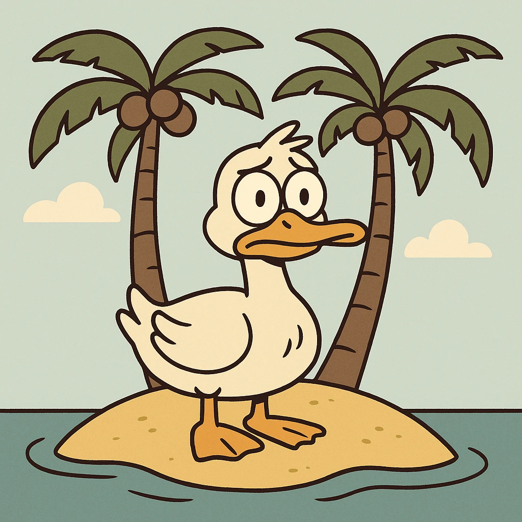 cartoon of a duck standing on an island with two coconut trees, simple and bold lines, flat toon style emoji