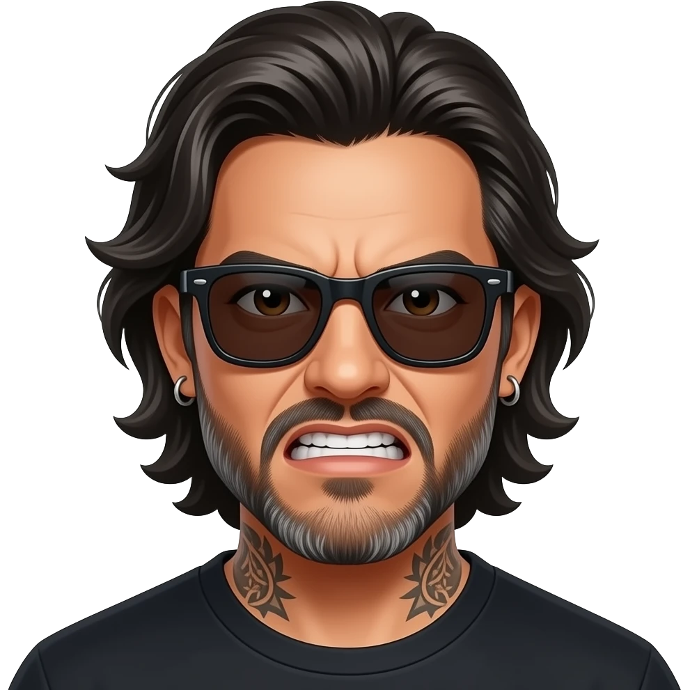 The handsome manly Latino podcast host with medium length hair, a long  slightly graying beard and tattoos with his ears pierced and a nose ring on the right side, dark brown eyes, dark sunglasses, really mad emoji