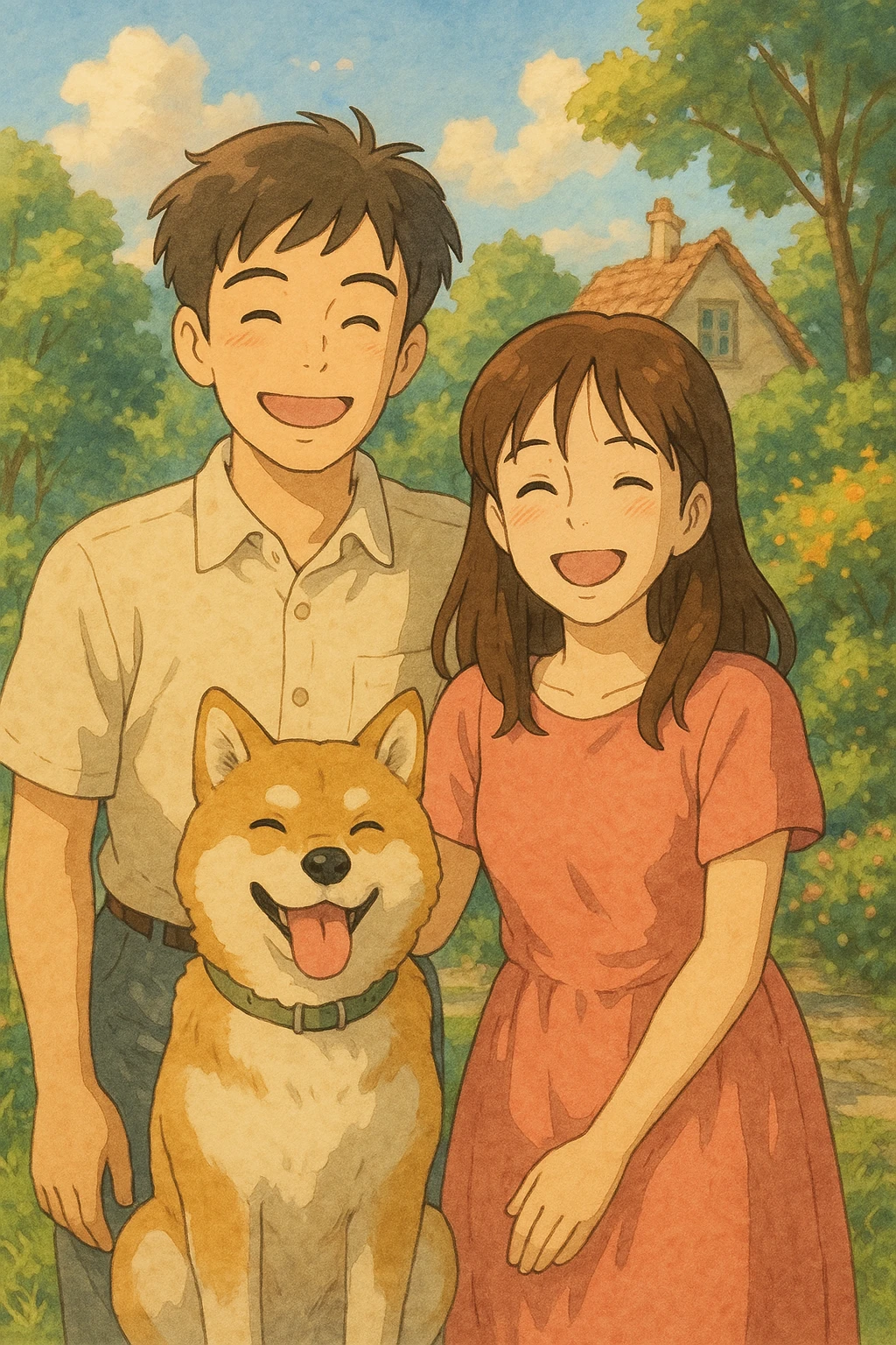 couple with pet posing for photo emoji