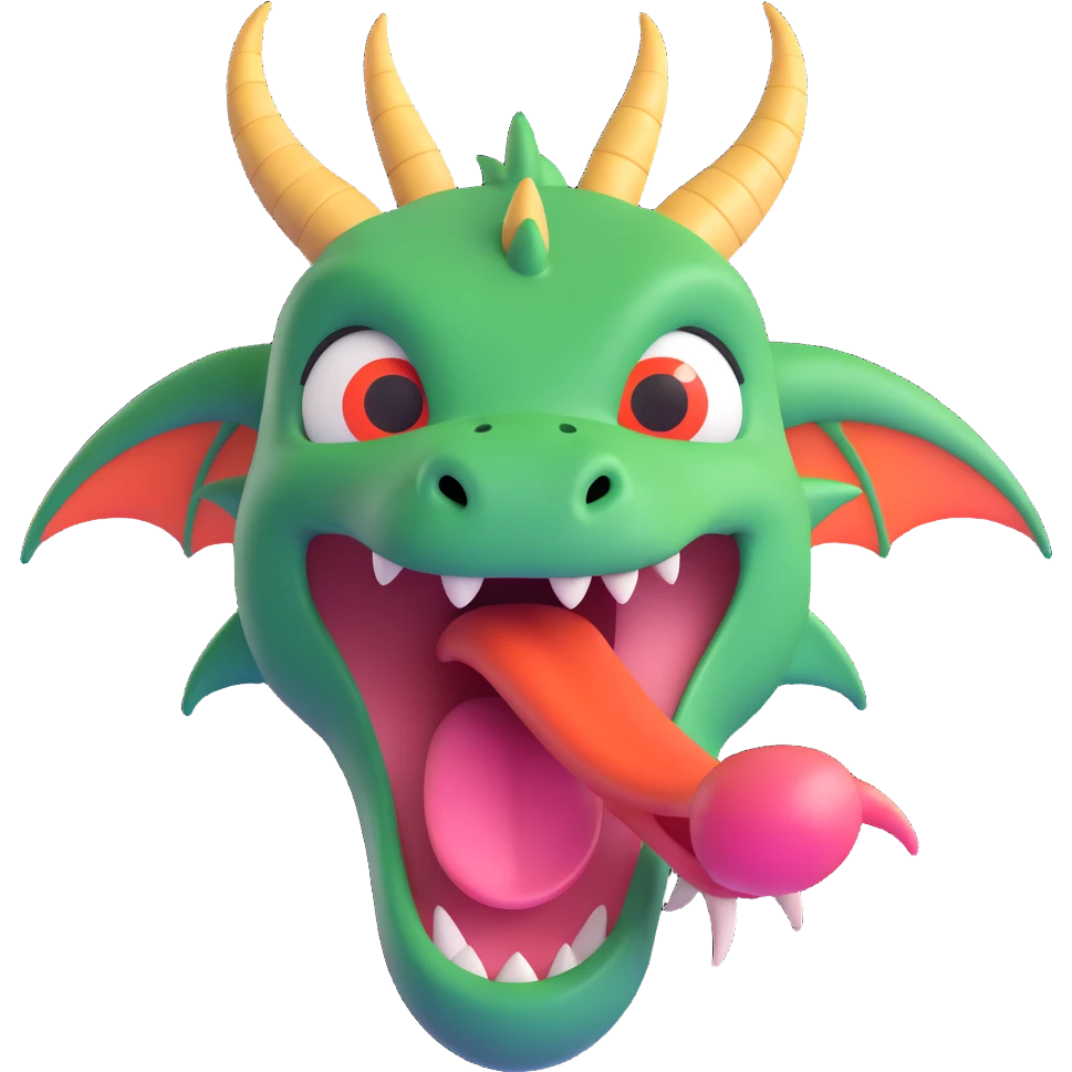 cute fitness dragon coach face, playful expression, tongue out emoji