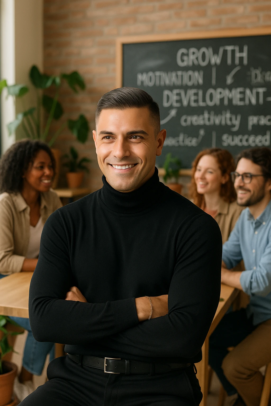 A confident man sitting in a cozy, modern coworking space, surrounded by positive, driven people engaged in creative conversation. He listens, learns, and occasionally smiles, visibly elevated by their presence. Behind him, a chalkboard or whiteboard with empowering words and ideas. The environment is filled with natural light, plants, and soft wooden textures. The atmosphere suggests emotional growth, support, and personal development. emoji